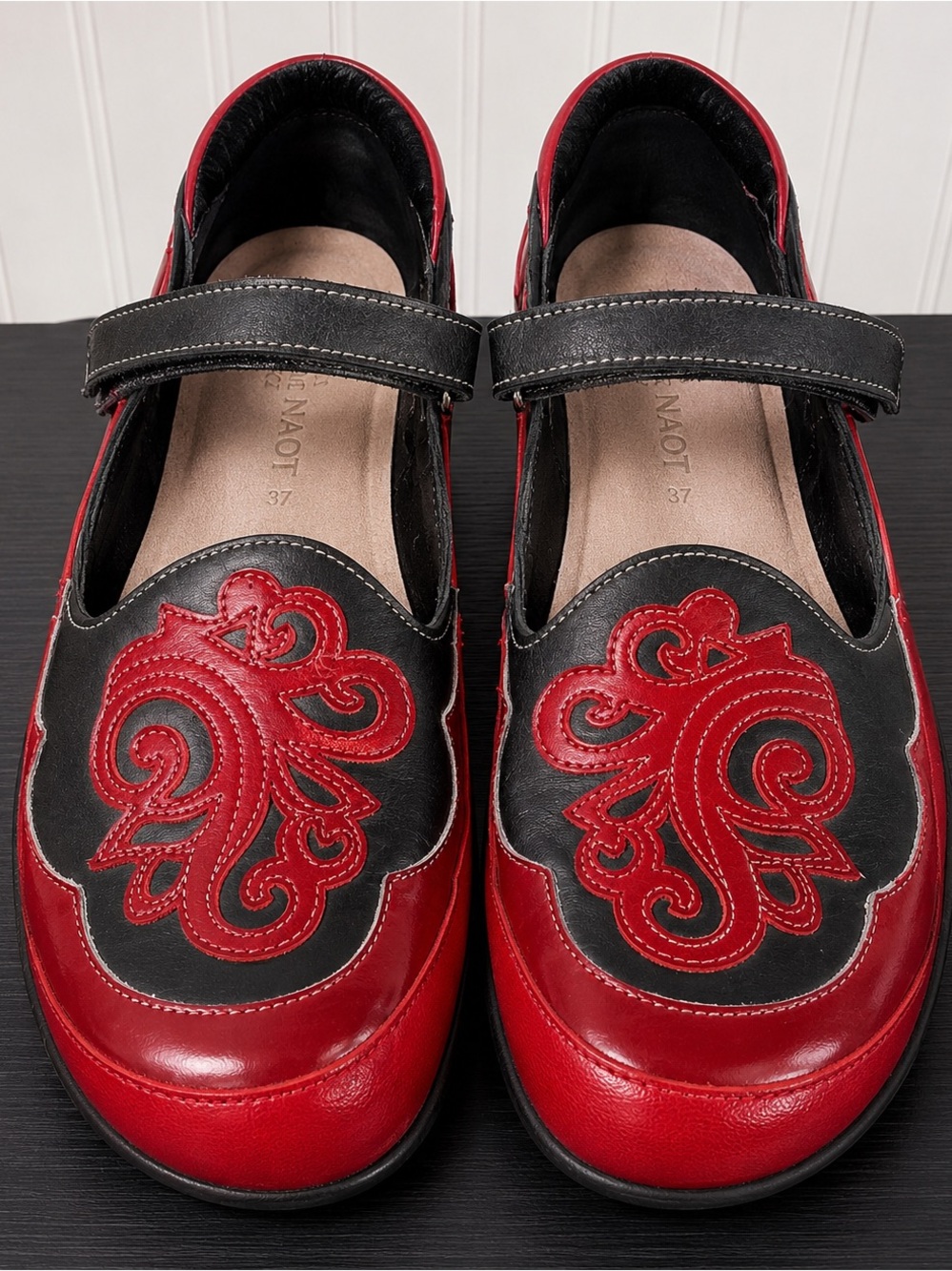 Naot Red and Black Embroidered Mary Jane Flats size 40